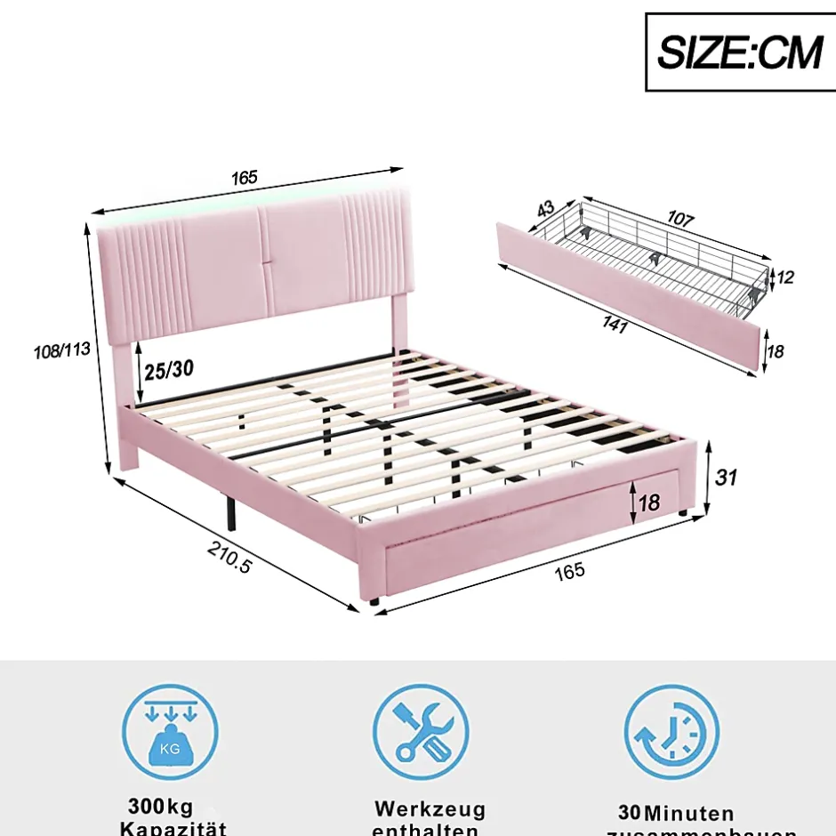 Okwish Lit avec Rangement 160x200 cm - Lit Capitonné Double Adulte avec Bande Lumineuse, Port USB et Tiroir - Rose Discount