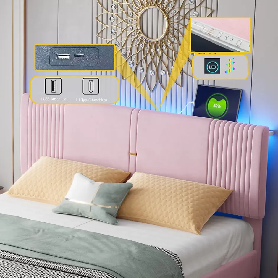 Okwish Lit avec Rangement 160x200 cm - Lit Capitonné Double Adulte avec Bande Lumineuse, Port USB et Tiroir - Rose Discount