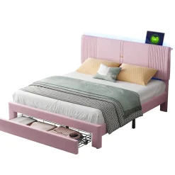 Okwish Lit avec Rangement 160x200 cm - Lit Capitonné Double Adulte avec Bande Lumineuse, Port USB et Tiroir - Rose Discount