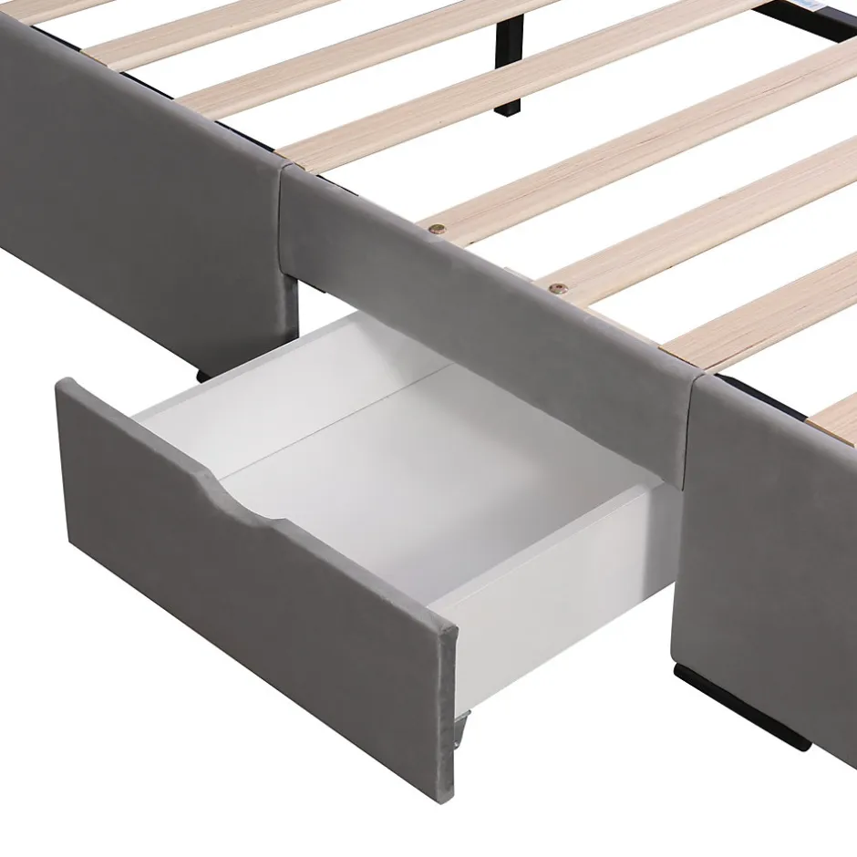 Okwish Lit avec rangement 140x200 cm - Lit Double Capitonné avec 4 Tiroirs - Velours - Sans Matelas - Gris