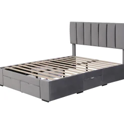 Okwish Lit avec rangement 140x200 cm - Lit Double Capitonné avec 4 Tiroirs - Velours - Sans Matelas - Gris