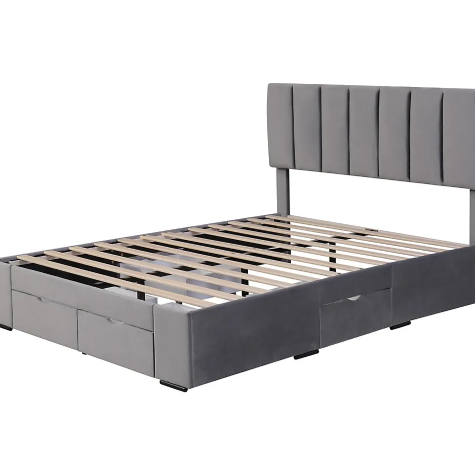 Okwish Lit avec rangement 140x200 cm - Lit Double Capitonné avec 4 Tiroirs - Velours - Sans Matelas - Gris