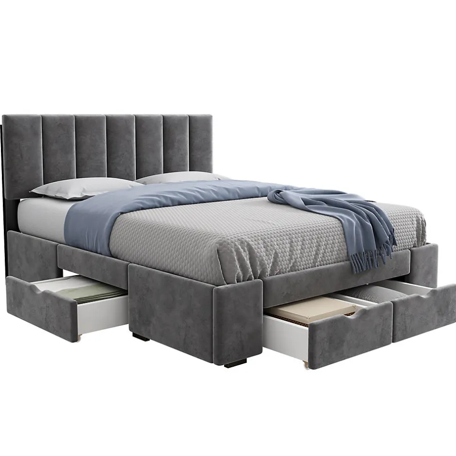 Okwish Lit avec rangement 140x200 cm - Lit Double Capitonné avec 4 Tiroirs - Velours - Sans Matelas - Gris