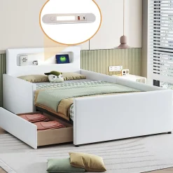 Okwish Lit avec rangement 90x200 cm - Lit enfant capitonné avec veilleuse et port USB - Similicuir - Sans matelas - Blanc