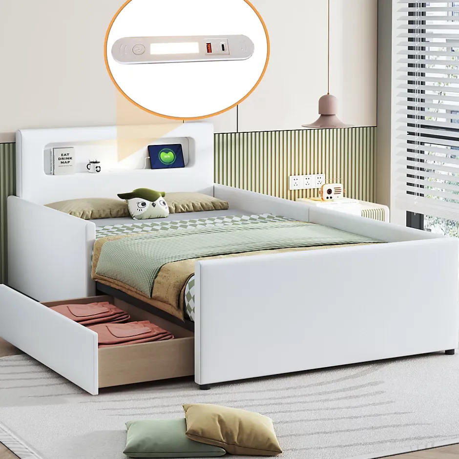 Okwish Lit avec rangement 90x200 cm - Lit enfant capitonné avec veilleuse et port USB - Similicuir - Sans matelas - Blanc