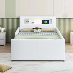 Okwish Lit avec rangement 90x200 cm - Lit enfant capitonné avec veilleuse et port USB - Similicuir - Sans matelas - Blanc