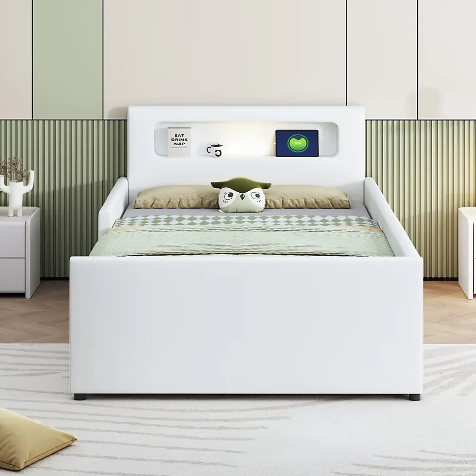 Okwish Lit avec rangement 90x200 cm - Lit enfant capitonné avec veilleuse et port USB - Similicuir - Sans matelas - Blanc