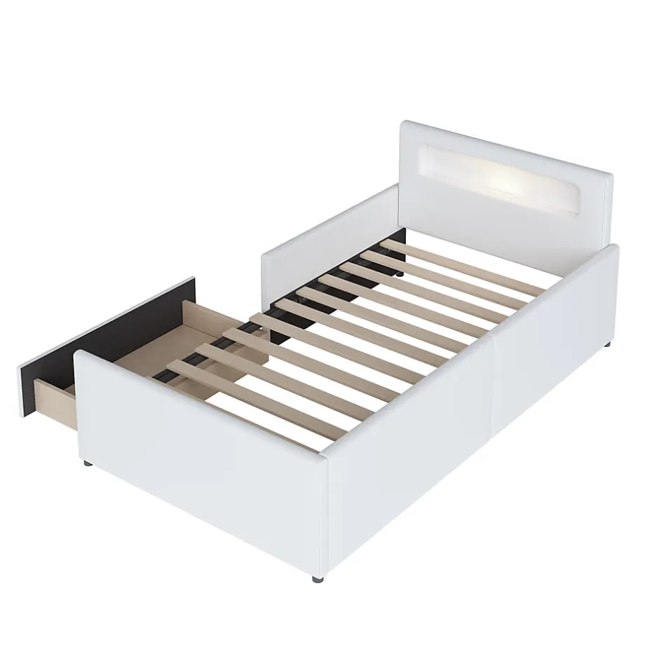 Okwish Lit avec rangement 90x200 cm - Lit enfant capitonné avec veilleuse et port USB - Similicuir - Sans matelas - Blanc