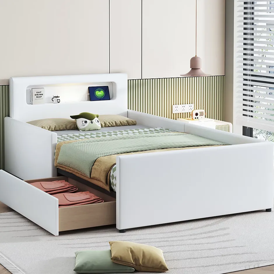 Okwish Lit avec rangement 90x200 cm - Lit enfant capitonné avec veilleuse et port USB - Similicuir - Sans matelas - Blanc