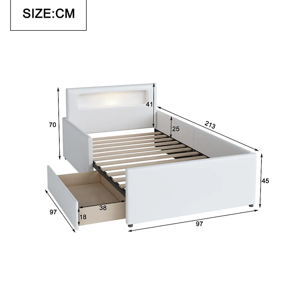 Okwish Lit avec rangement 90x200 cm - Lit enfant capitonné avec veilleuse et port USB - Similicuir - Sans matelas - Blanc