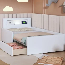 Okwish Lit avec rangement 90x200 cm - Lit enfant capitonné avec veilleuse et port USB - Similicuir - Sans matelas - Blanc