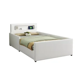 Okwish Lit avec rangement 90x200 cm - Lit enfant capitonné avec veilleuse et port USB - Similicuir - Sans matelas - Blanc