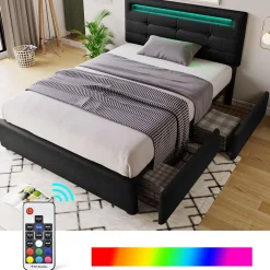Okwish Lit avec rangement 90x200 cm - Lit simple capitonné avec LED et 2 tiroirs - Bois massif + Lin + Métal - Sans Matelas - Noir New