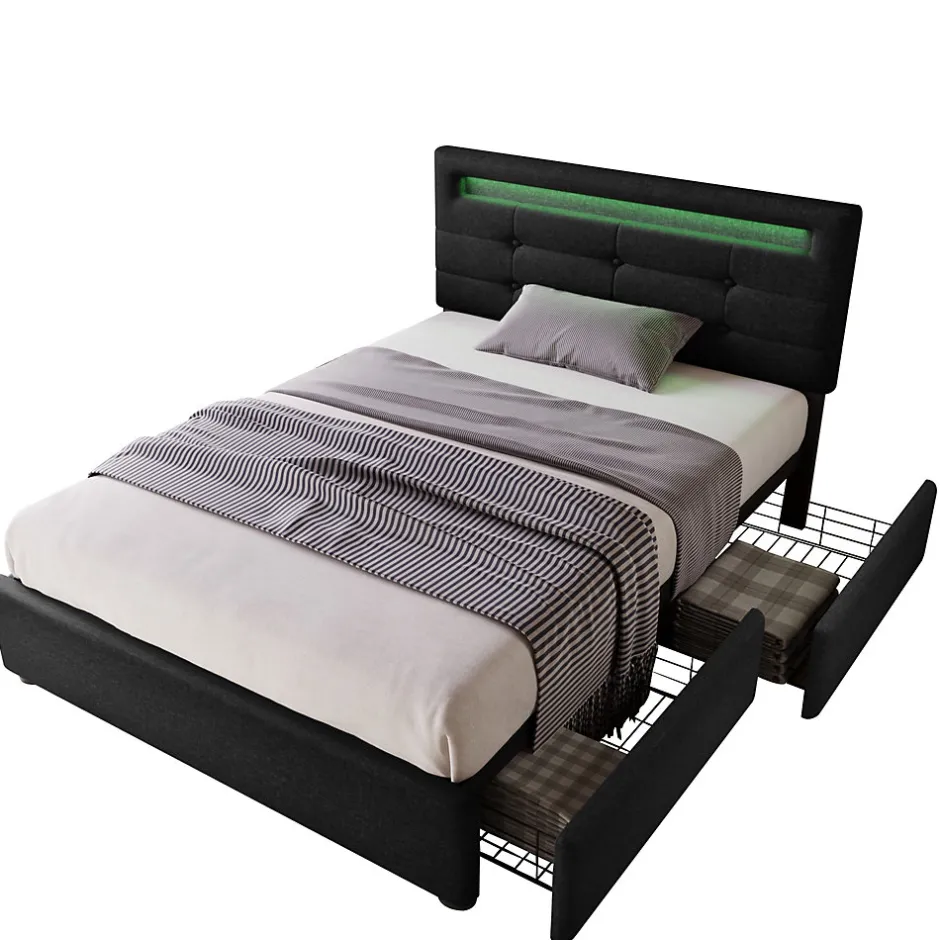 Okwish Lit avec rangement 90x200 cm - Lit simple capitonné avec LED et 2 tiroirs - Bois massif + Lin + Métal - Sans Matelas - Noir New