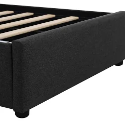 Okwish Lit avec rangement 90x200 cm - Lit simple capitonné avec LED et 2 tiroirs - Bois massif + Lin + Métal - Sans Matelas - Noir New