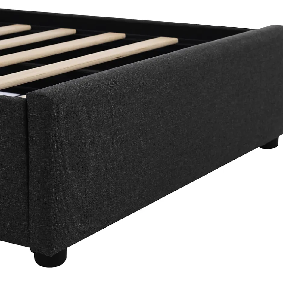 Okwish Lit avec rangement 90x200 cm - Lit simple capitonné avec LED et 2 tiroirs - Bois massif + Lin + Métal - Sans Matelas - Noir New