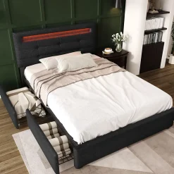 Okwish Lit avec rangement 90x200 cm - Lit simple capitonné avec LED et 2 tiroirs - Bois massif + Lin + Métal - Sans Matelas - Noir New