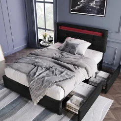 Okwish Lit avec rangement 90x200 cm - Lit simple capitonné avec LED et 2 tiroirs - Bois massif + Lin + Métal - Sans Matelas - Noir New