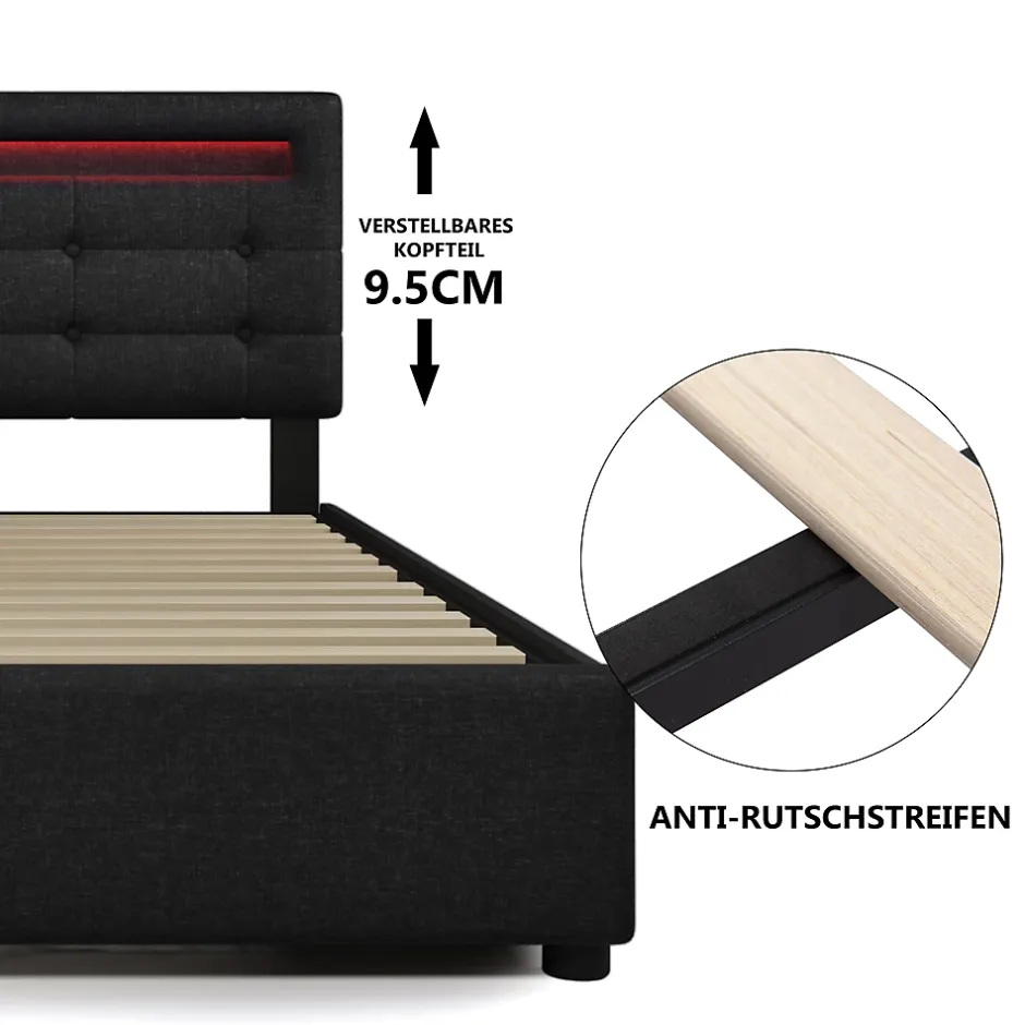 Okwish Lit avec rangement 90x200 cm - Lit simple capitonné avec LED et 2 tiroirs - Bois massif + Lin + Métal - Sans Matelas - Noir New