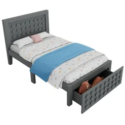 Okwish Lit avec rangement 90x200 cm - Lit simple avec tiroirs intégrés et design créatif - en MDF et bois massif - Gris - Sans matelas Sale