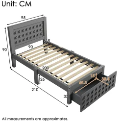 Okwish Lit avec rangement 90x200 cm - Lit simple avec tiroirs intégrés et design créatif - en MDF et bois massif - Gris - Sans matelas Sale