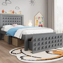 Okwish Lit avec rangement 90x200 cm - Lit simple avec tiroirs intégrés et design créatif - en MDF et bois massif - Gris - Sans matelas Sale