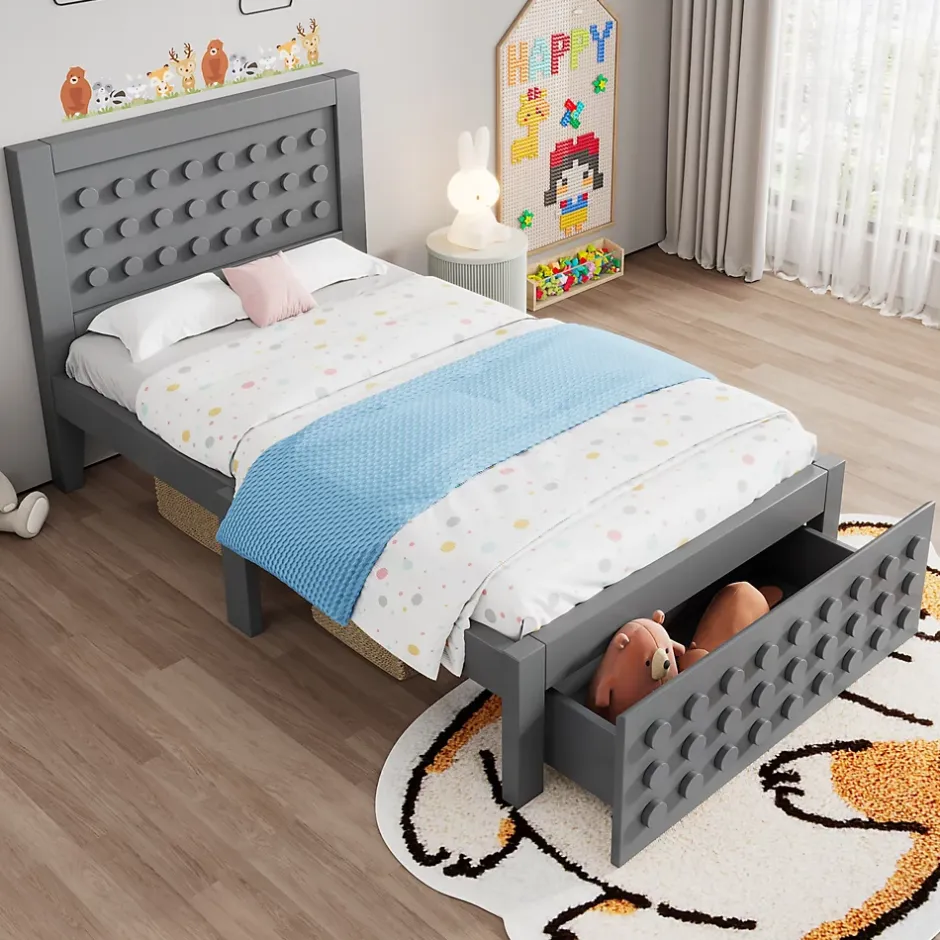 Okwish Lit avec rangement 90x200 cm - Lit simple avec tiroirs intégrés et design créatif - en MDF et bois massif - Gris - Sans matelas Sale