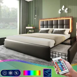 Okwish Lit avec Rangement 160x200 cm - Lit Double Capitonné avec 4 Tiroirs, Bandeau LED et Tête Réglable, Sans Matelas, PU, Noir