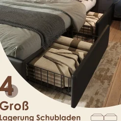 Okwish Lit avec Rangement 160x200 cm - Lit Double Capitonné avec 4 Tiroirs, Bandeau LED et Tête Réglable, Sans Matelas, PU, Noir