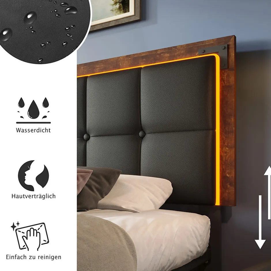 Okwish Lit avec Rangement 160x200 cm - Lit Double Capitonné avec 4 Tiroirs, Bandeau LED et Tête Réglable, Sans Matelas, PU, Noir