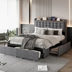 Okwish Lit avec Rangement 140x200 cm - Lit Double avec 4 Tiroirs, Port USB et Table de Chevet, Lin, Sans Matelas, Gris