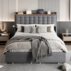 Okwish Lit avec Rangement 140x200 cm - Lit Double avec 4 Tiroirs, Port USB et Table de Chevet, Lin, Sans Matelas, Gris