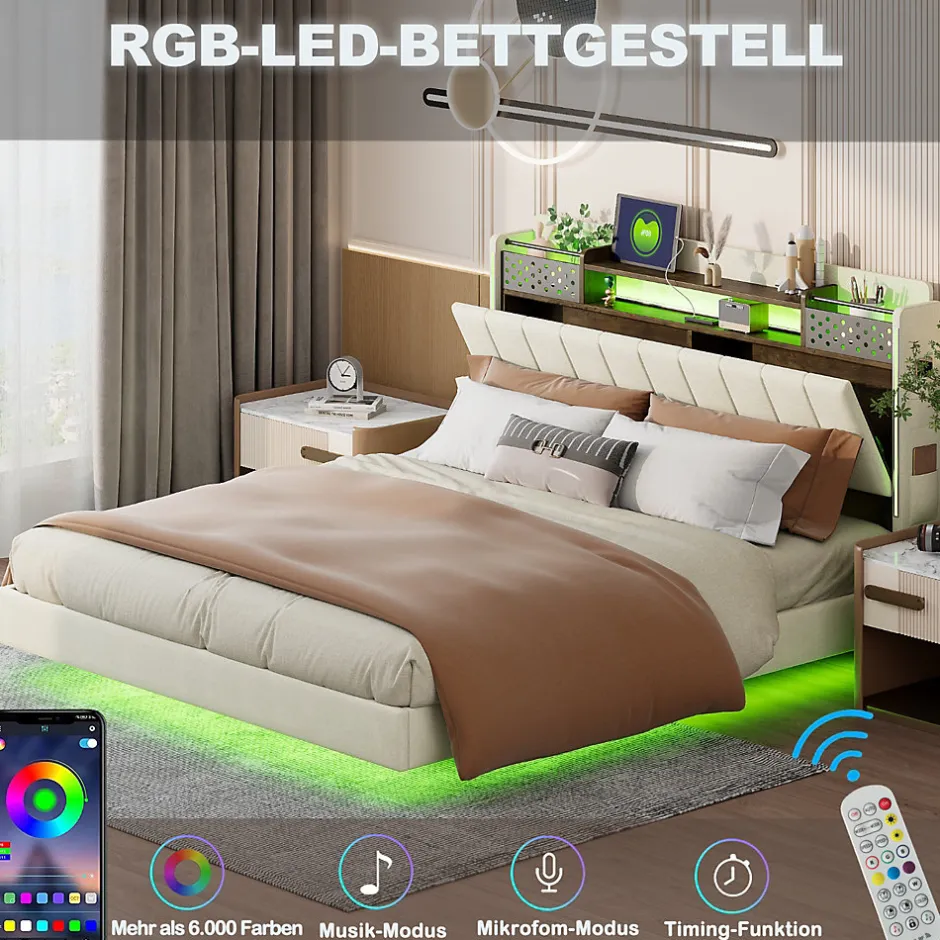Okwish Lit avec rangement 140x200 cm - Lit double capitonné avec éclairage LED - lin + Métal - Sans matelas - Beige