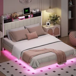 Okwish Lit avec rangement 140x200 cm - Lit double capitonné avec éclairage LED - lin + Métal - Sans matelas - Beige