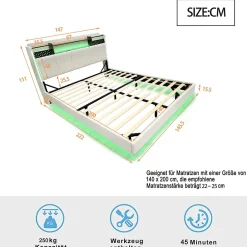 Okwish Lit avec rangement 140x200 cm - Lit double capitonné avec éclairage LED - lin + Métal - Sans matelas - Beige