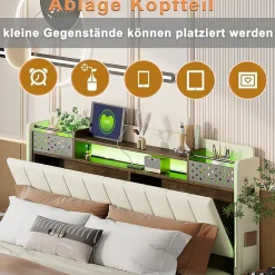 Okwish Lit avec rangement 140x200 cm - Lit double capitonné avec éclairage LED - lin + Métal - Sans matelas - Beige