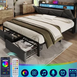 Okwish Lit avec rangement 140x200 cm - Lit double rembourré avec tiroirs et fonction de chargement USB - Lin - Sans Matelas - Gris