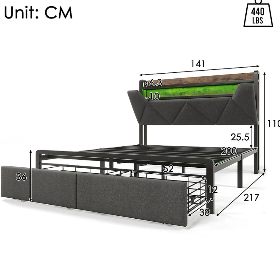 Okwish Lit avec rangement 140x200 cm - Lit double rembourré avec tiroirs et fonction de chargement USB - Lin - Sans Matelas - Gris