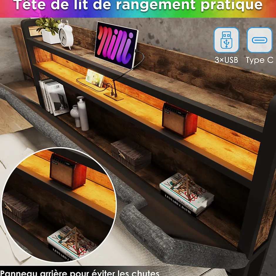Okwish Lit avec rangement 140x200 cm - Lit double rembourré avec tiroirs et fonction de chargement USB - Lin - Sans Matelas - Gris