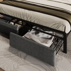 Okwish Lit avec rangement 140x200 cm - Lit double rembourré avec tiroirs et fonction de chargement USB - Lin - Sans Matelas - Gris