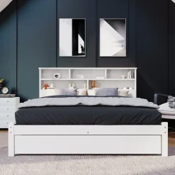 Okwish Lit avec rangement 140x200 cm - Lit double avec tiroirs et tête de lit - Pin massif + MDF - Sans Matelas - Blanc Sale