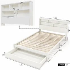 Okwish Lit avec rangement 140x200 cm - Lit double avec tiroirs et tête de lit - Pin massif + MDF - Sans Matelas - Blanc Sale