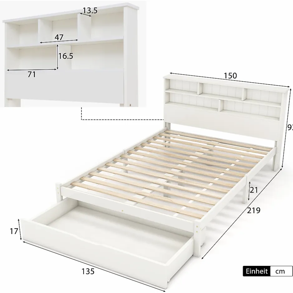 Okwish Lit avec rangement 140x200 cm - Lit double avec tiroirs et tête de lit - Pin massif + MDF - Sans Matelas - Blanc Sale
