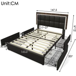 Okwish Lit avec Rangement 140x200 cm - Lit Double Capitonné avec 4 Tiroirs, Bandeau LED et Tête Réglable, Matelas Inclus, PU, Noir Hot