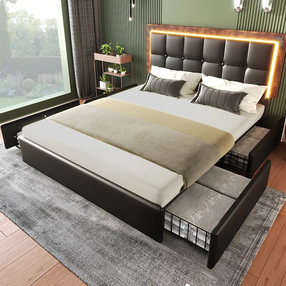 Okwish Lit avec Rangement 140x200 cm - Lit Double Capitonné avec 4 Tiroirs, Bandeau LED et Tête Réglable, Matelas Inclus, PU, Noir Hot