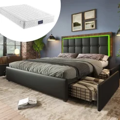 Okwish Lit avec Rangement 140x200 cm - Lit Double Capitonné avec 4 Tiroirs, Bandeau LED et Tête Réglable, Matelas Inclus, PU, Noir Hot