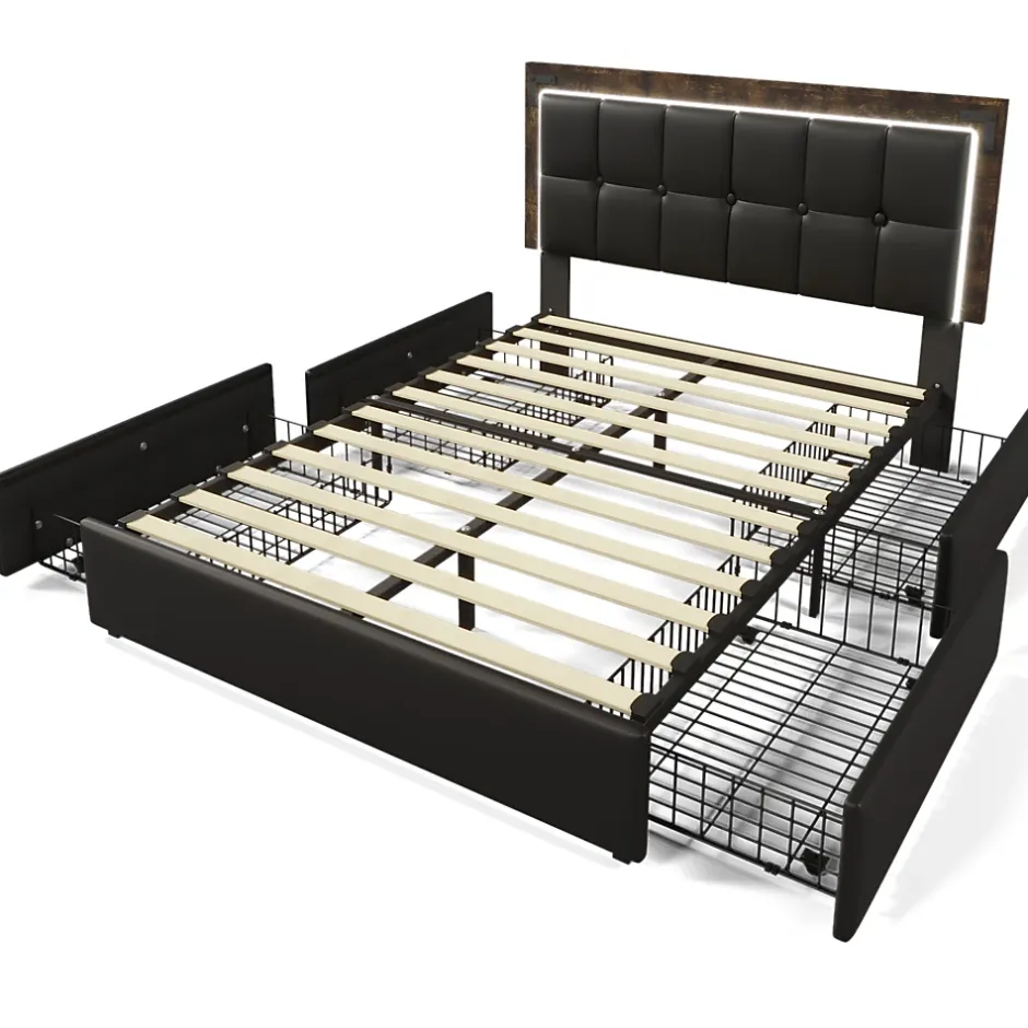 Okwish Lit avec Rangement 140x200 cm - Lit Double Capitonné avec 4 Tiroirs, Bandeau LED et Tête Réglable, Matelas Inclus, PU, Noir Hot