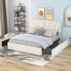 Okwish Lit avec rangement 140x200 cm - Lit rembourré avec tête de lit réglable et 4 tiroirs - Velours - Sans matelas - Beige