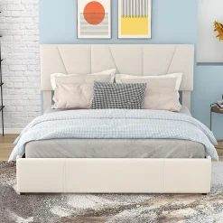 Okwish Lit avec rangement 140x200 cm - Lit rembourré avec tête de lit réglable et 4 tiroirs - Velours - Sans matelas - Beige