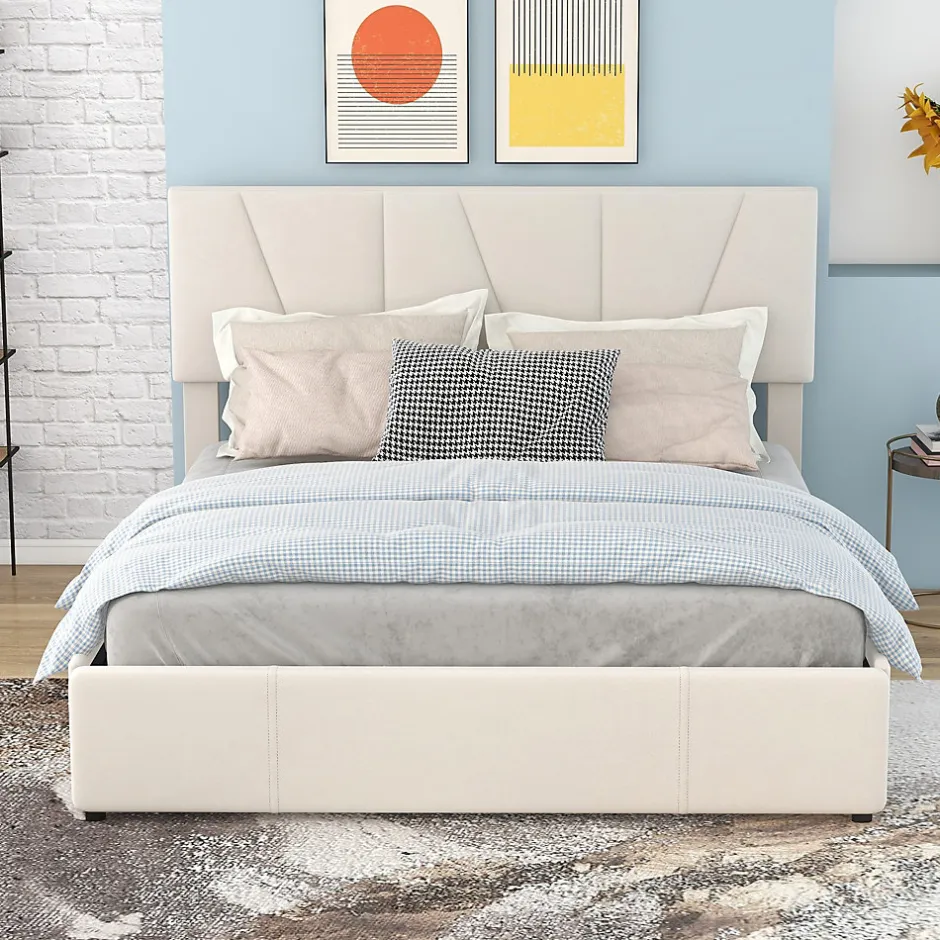 Okwish Lit avec rangement 140x200 cm - Lit rembourré avec tête de lit réglable et 4 tiroirs - Velours - Sans matelas - Beige